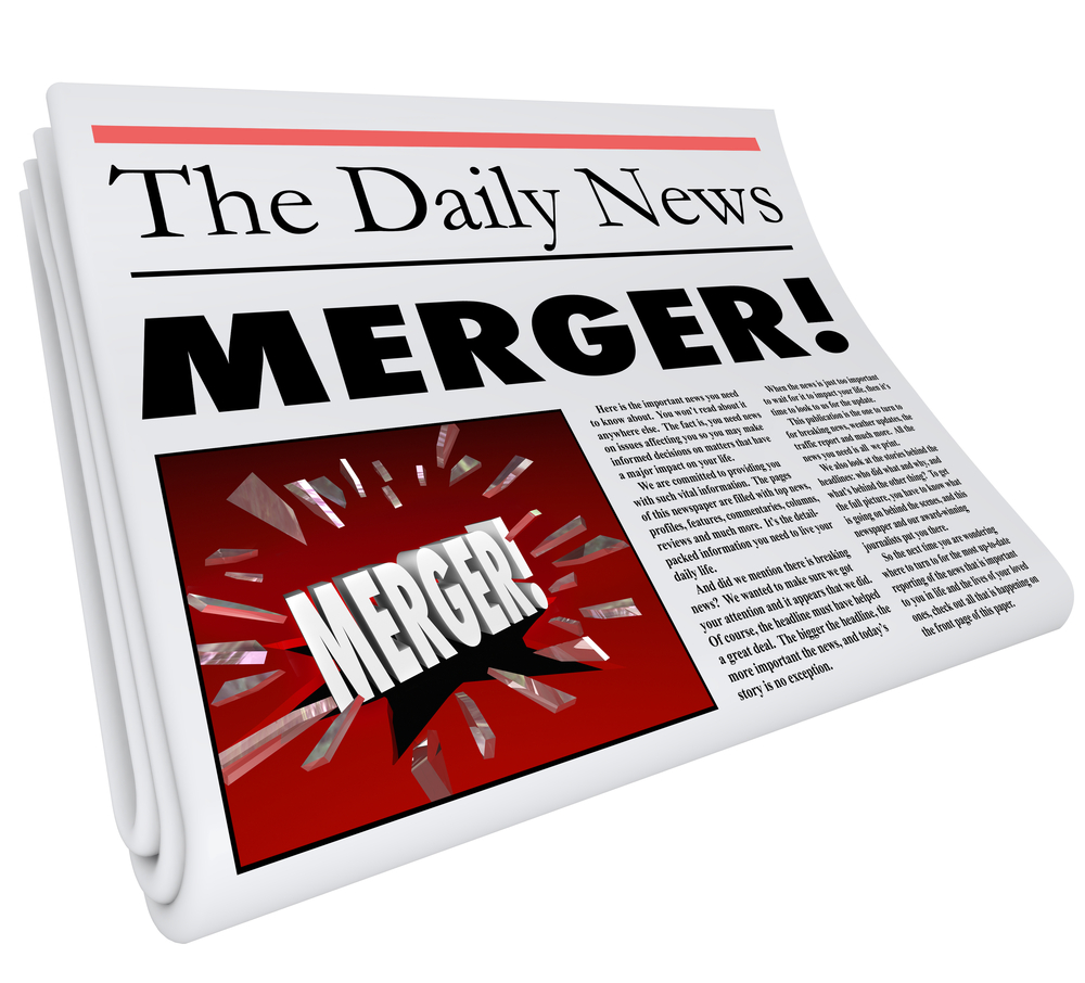 Newspaper with headline "Merger!"